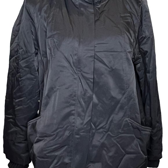 Eileen Fisher Jacket Womens Large Black Fleece Lined Removable Hood High Neck - Picture 3 of 16